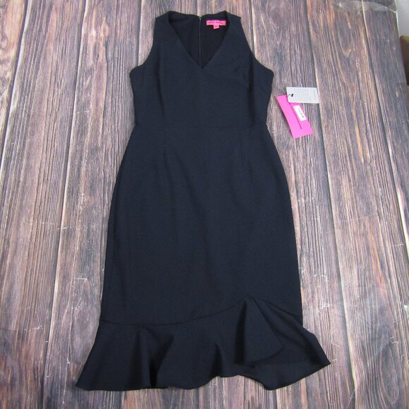 Betsey Johnson Dress Womens 6 Navy Sleeveless Ruffle Hem Sheath Cocktail FL04K79 - Picture 1 of 10